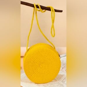 Yellow Round Woven Crossbody Bag